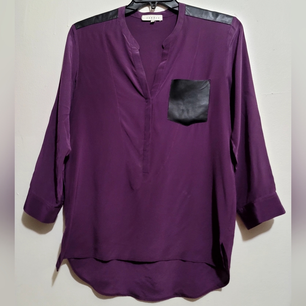Sandro Paris Tunic Eureka Purple Leather Pocket Silk Shirt Womens Size Medium